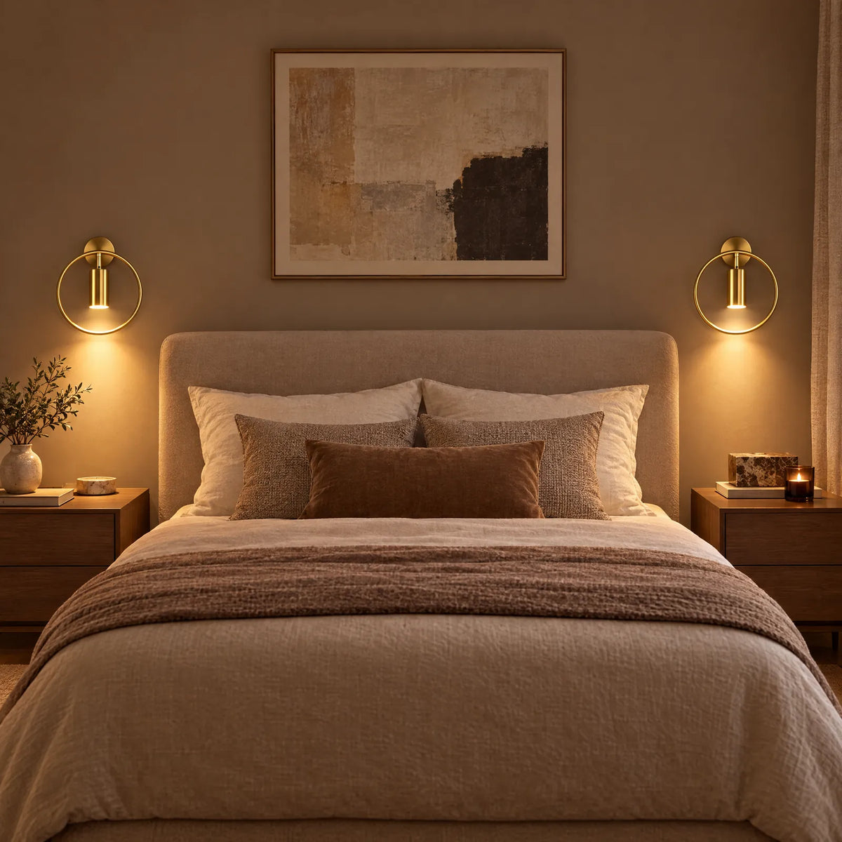 Appliques Zuric dorées allumées de part et d'autre d'un lit