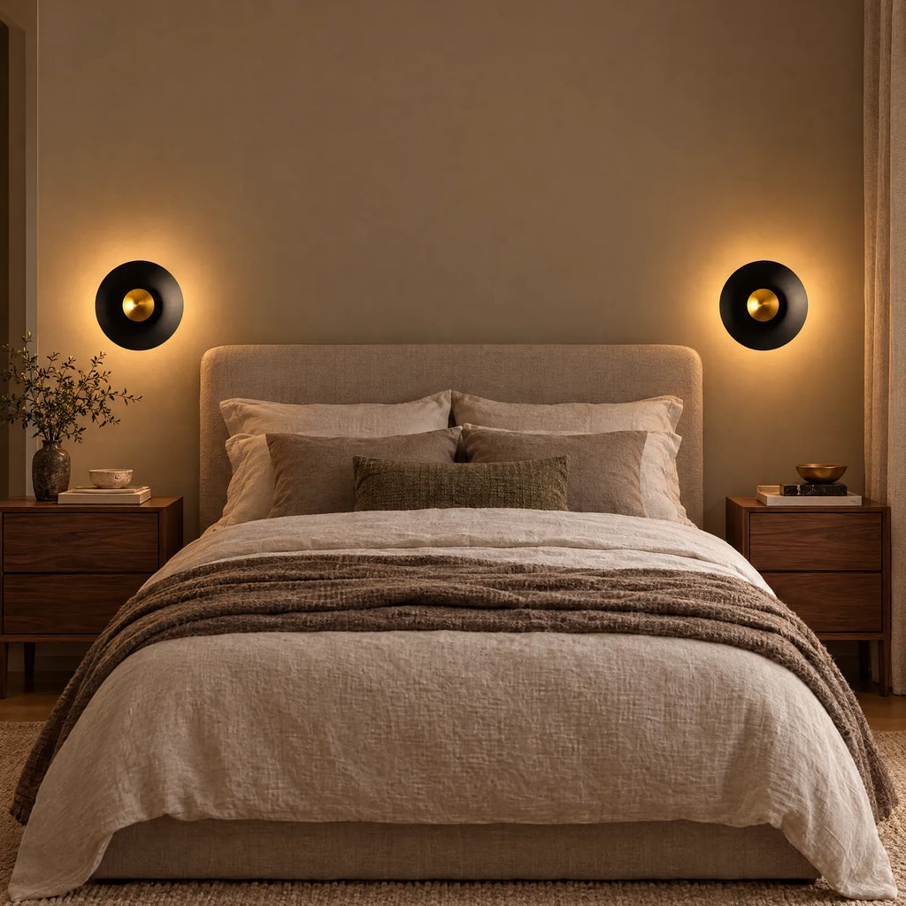 Deux appliques Oro noires allumées de chaque côté d'un lit