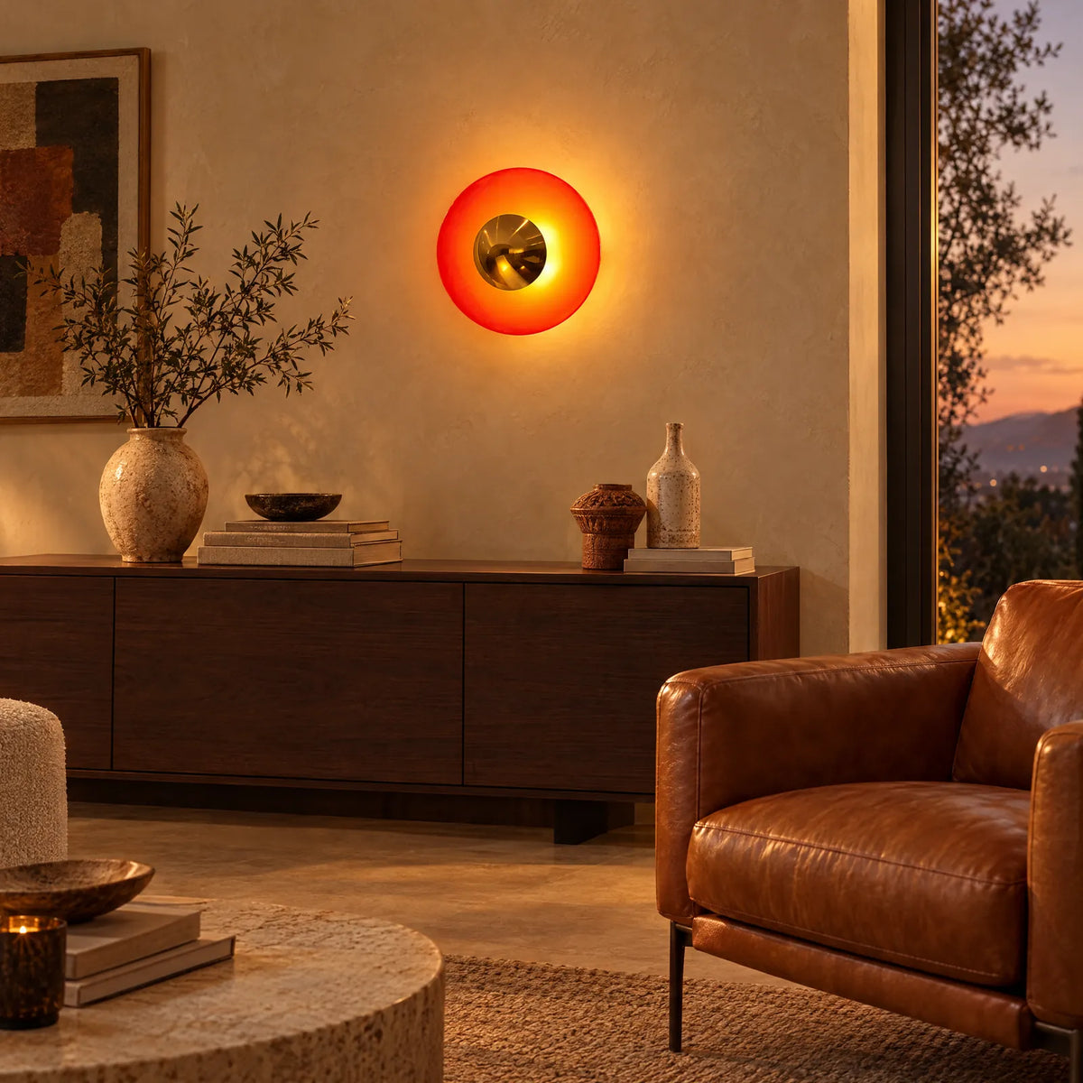 Applique Oro orange allumée au-dessus d'un buffet dans un salon Image