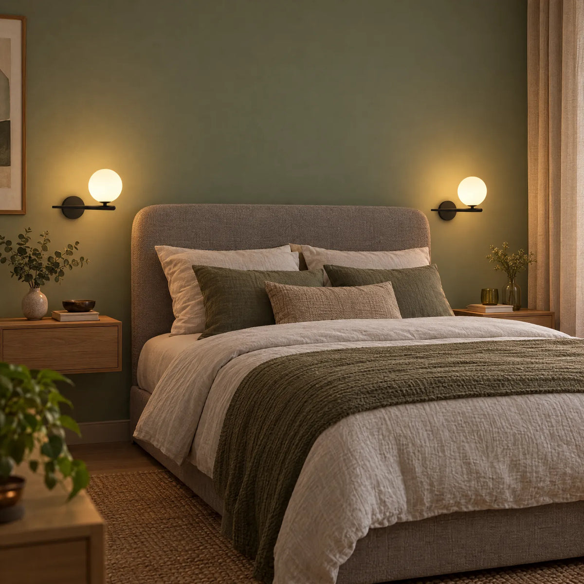 Deux appliques Luxy noires allumées de chaque côté d'un lit
