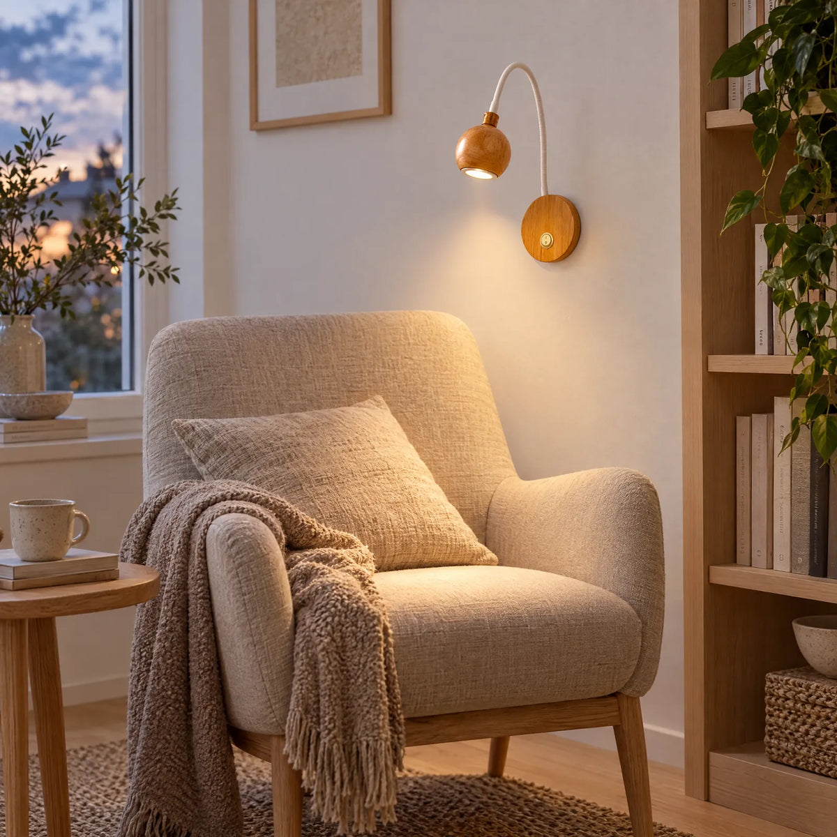 Applique liseuse Yva à bras blanc au-dessus d'un fauteuil de lecture Image