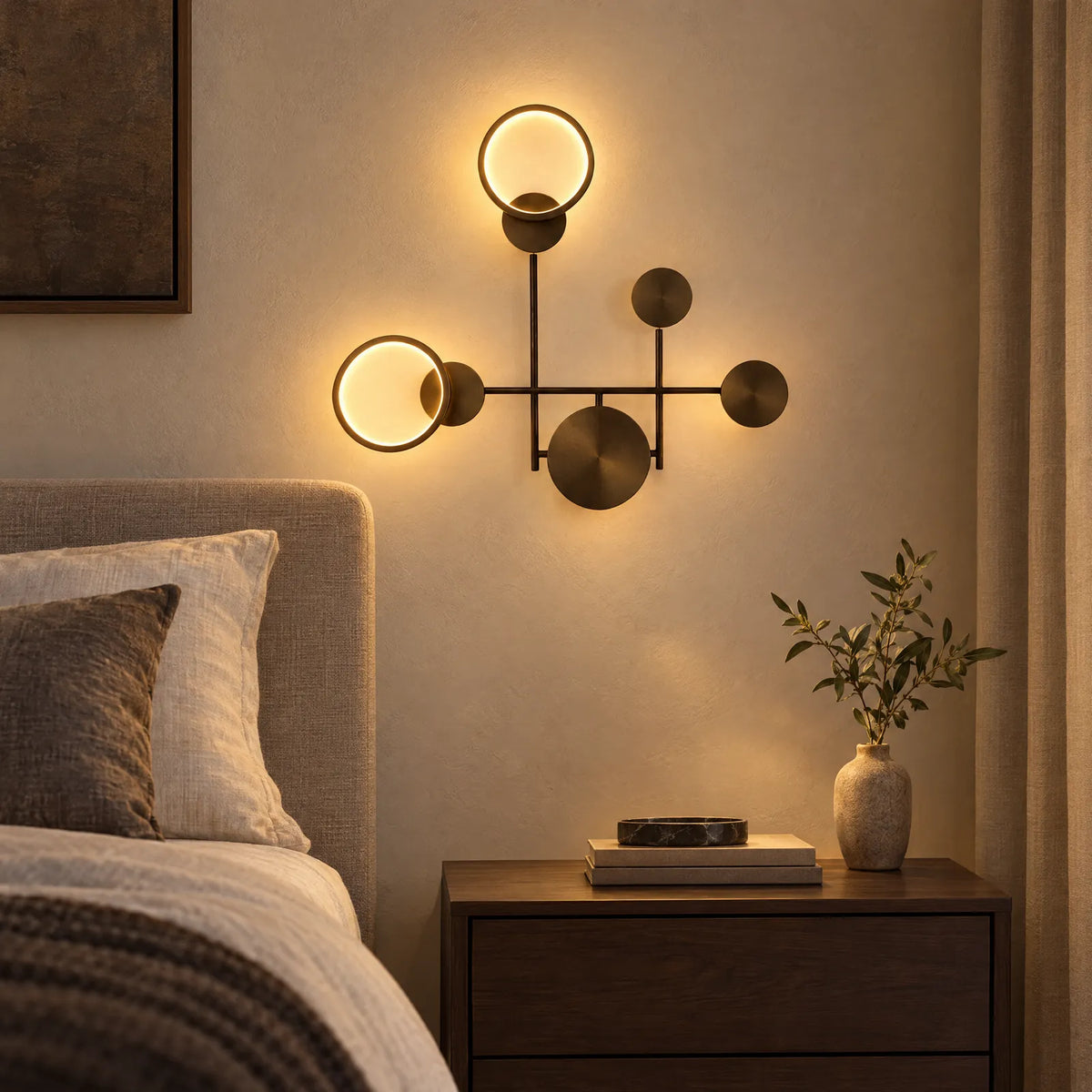 Applique LED Yoka noire allumée à côté d'un lit Image