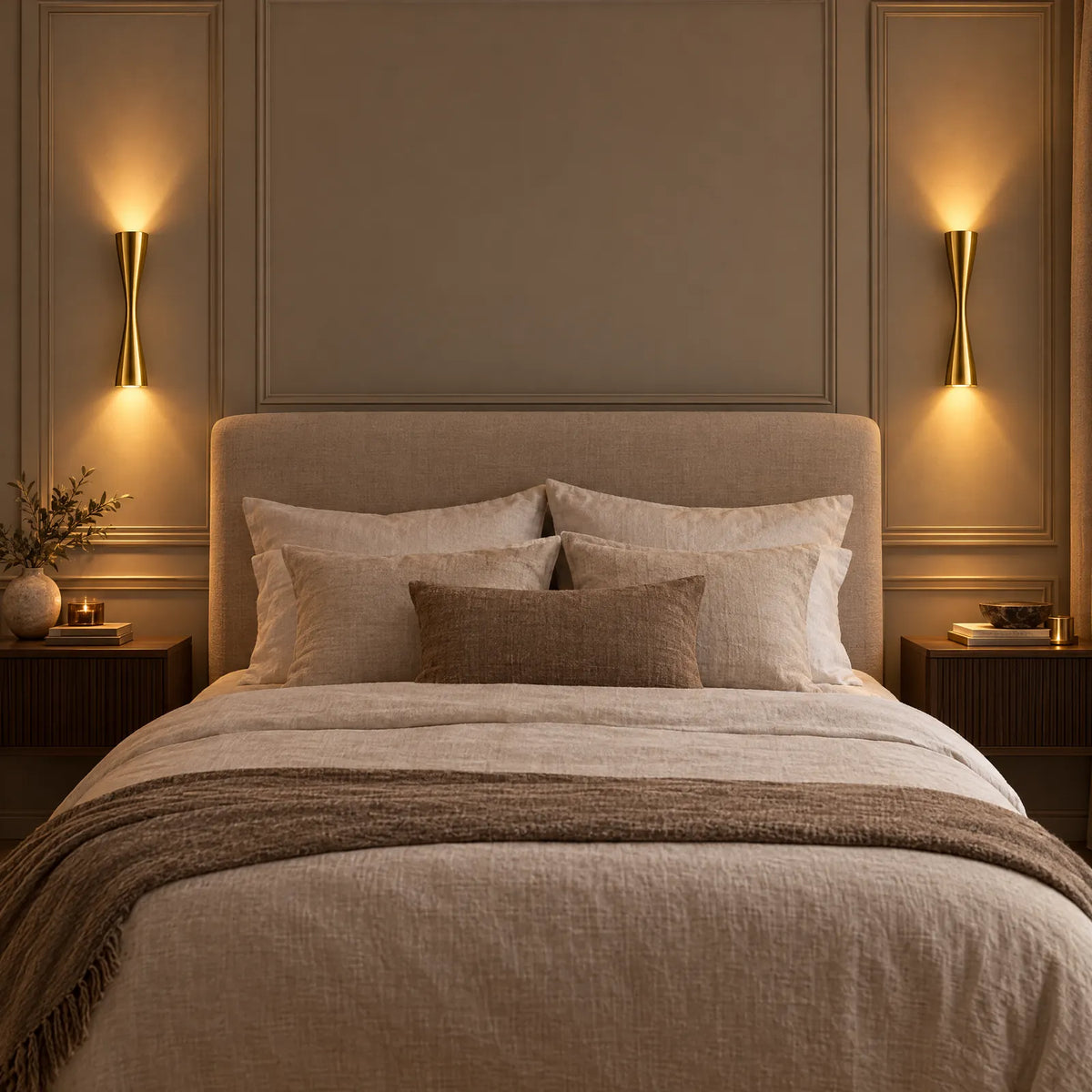 Deux appliques Caria dorées allumées de chaque côté d'un lit