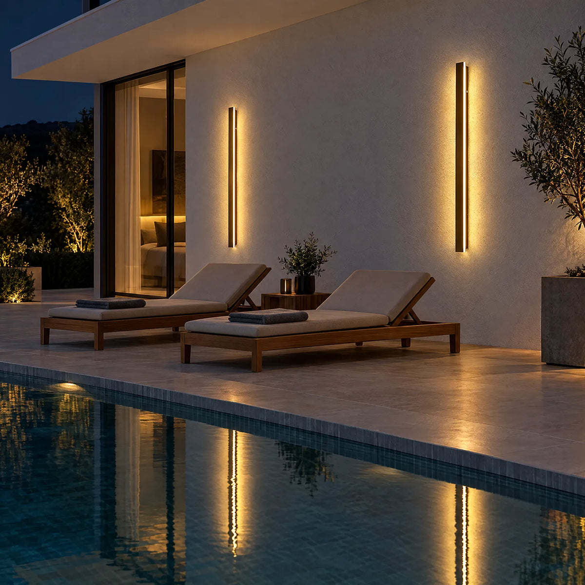 Appliques Omega allumées sur une terrasse au bord de la piscine Image