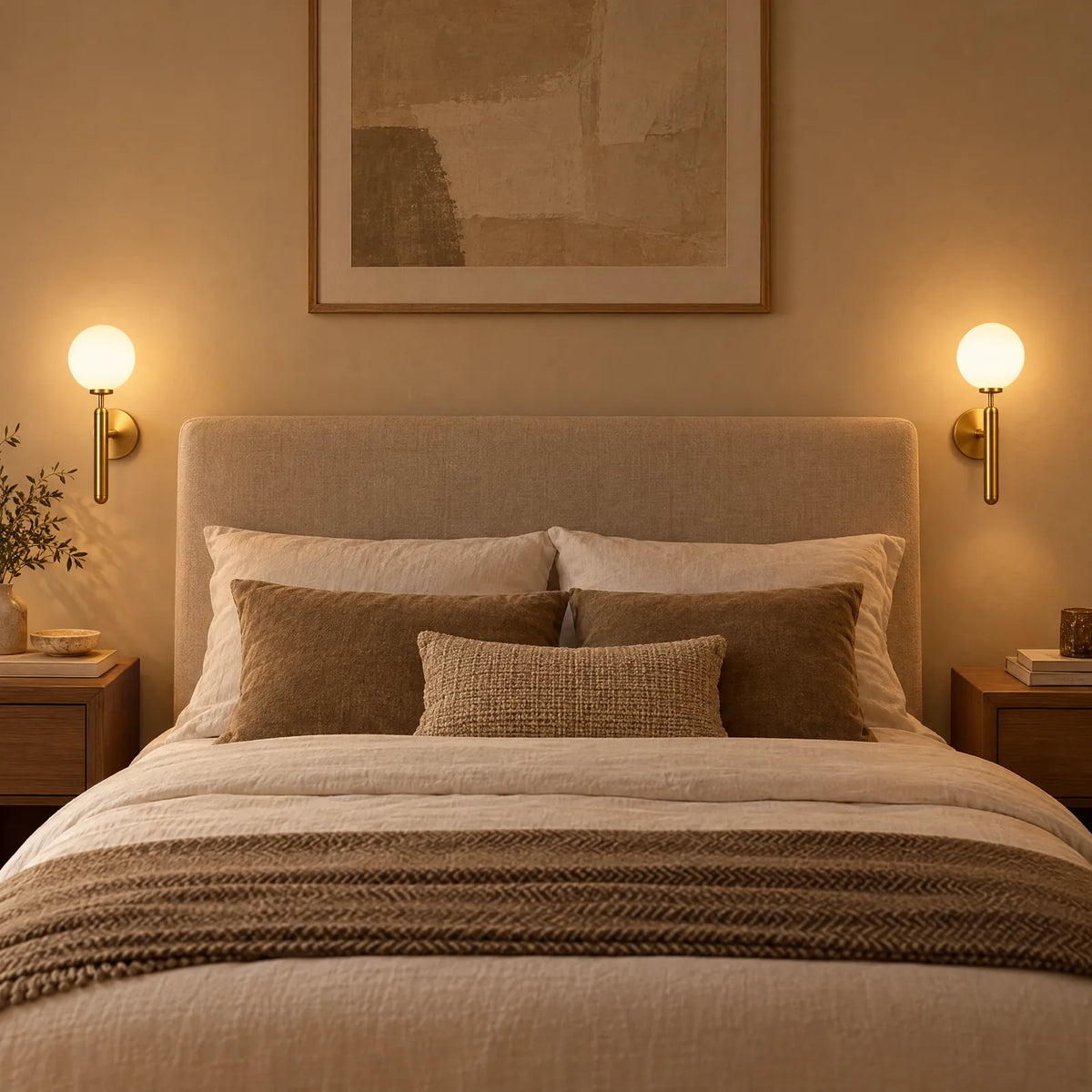 Deux appliques Sora allumées de chaque côté d'un lit