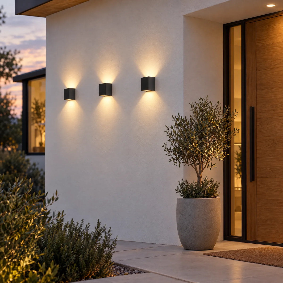 Appliques cube Mira allumées sur une façade blanche au crépuscule