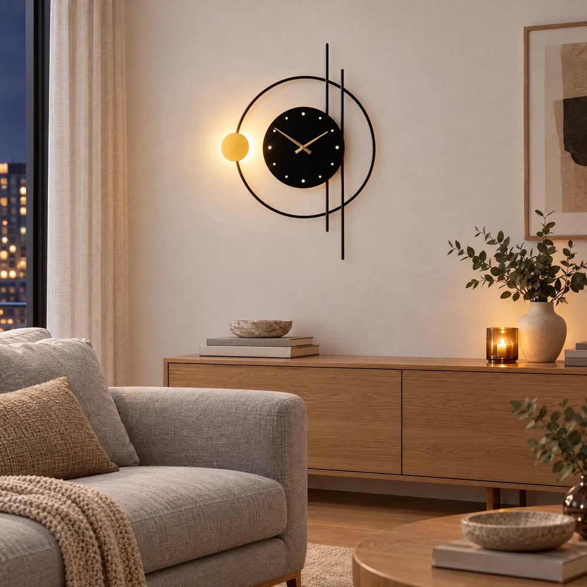 Horloge murale lumineuse noire et or au-dessus d'un buffet dans un salon