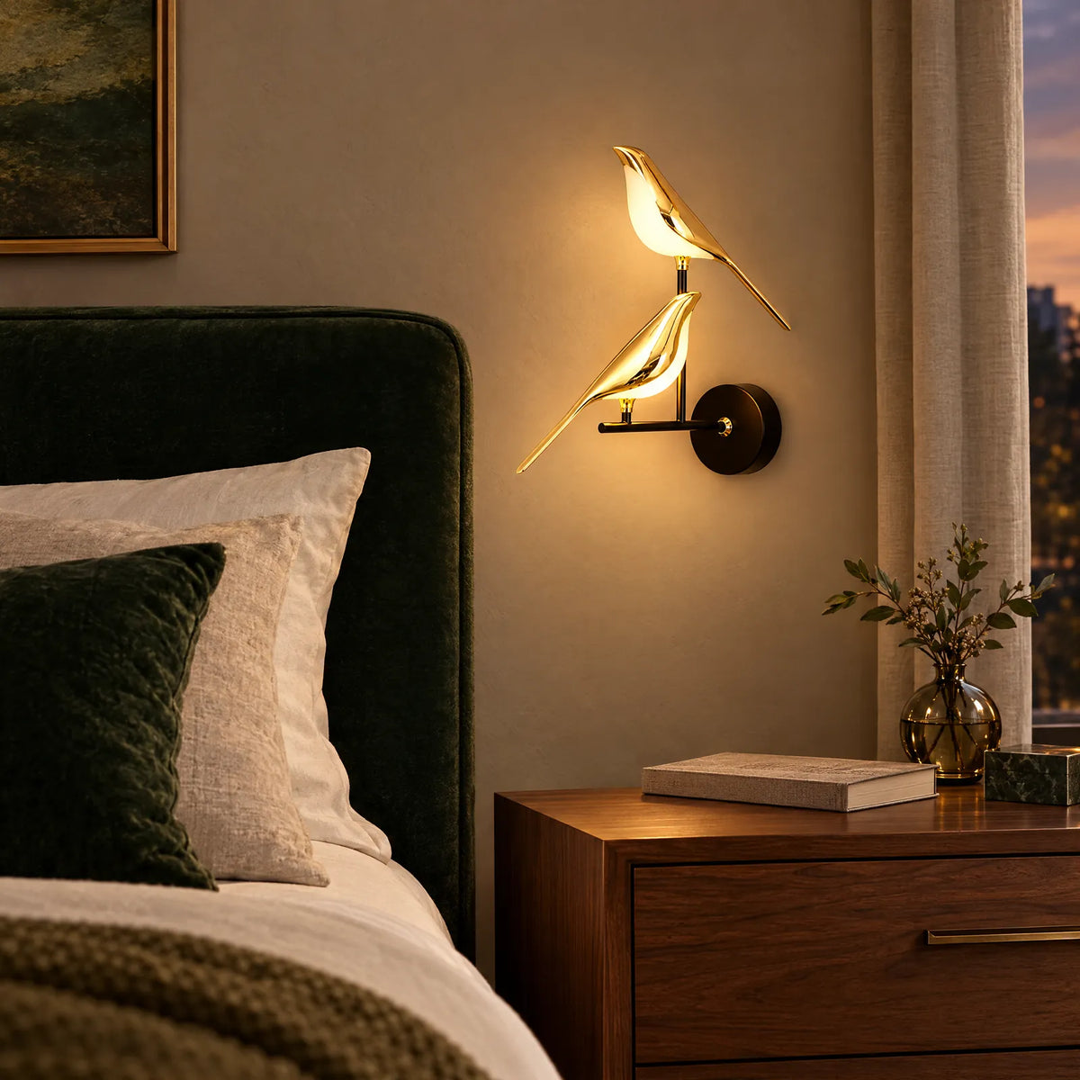 Applique Bird dorée à deux oiseaux allumée dans une chambre