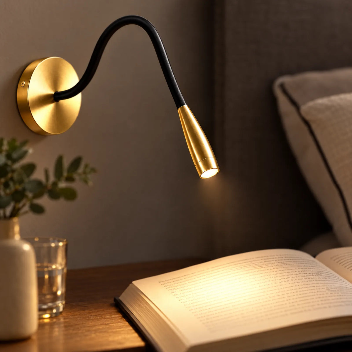 Tête LED dorée de la liseuse Lumix éclairant un livre ouvert