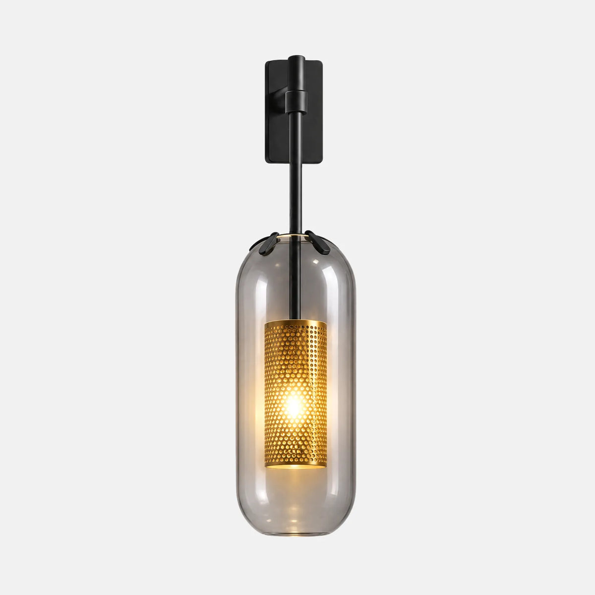 Applique murale Sulix noire, capsule en verre fumé et manchon doré perforé, sur fond uni