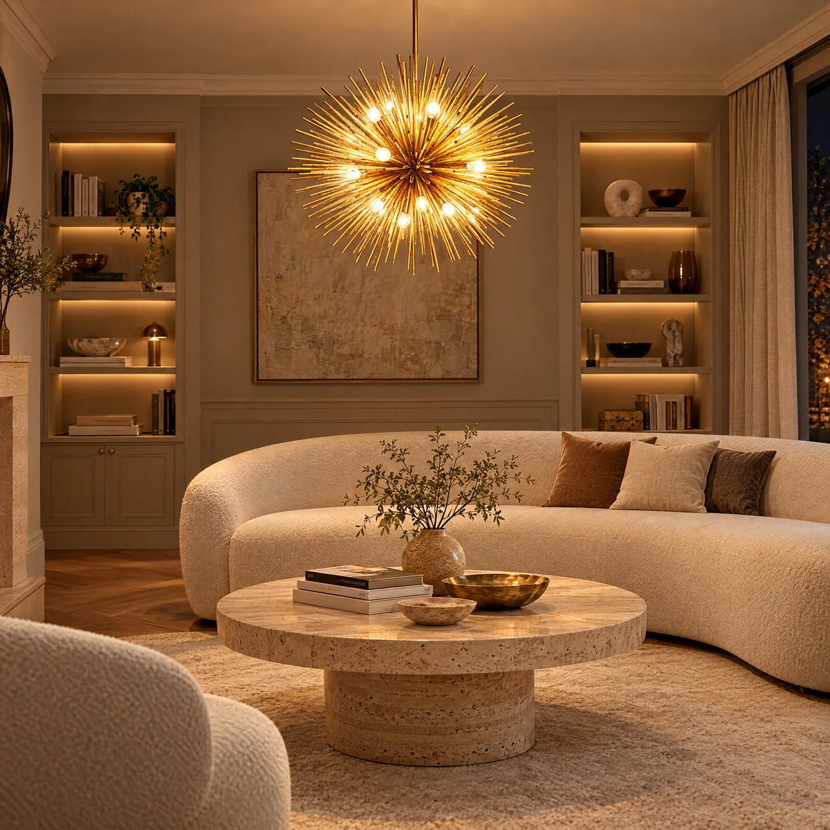 Lustre Astra doré allumé dans un salon