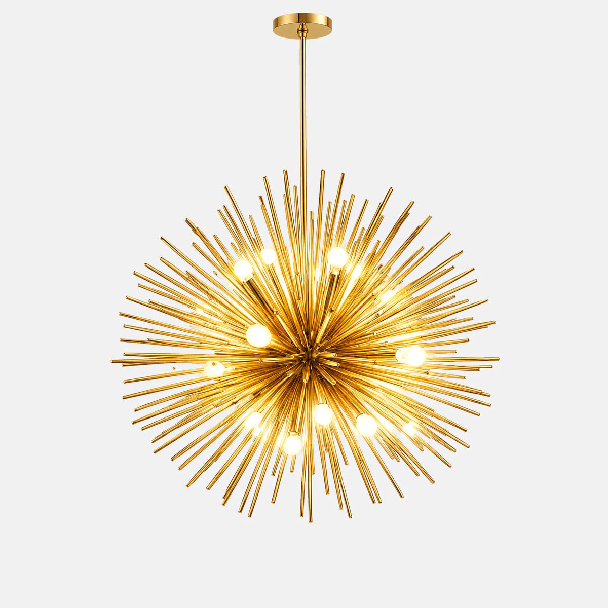 Lustre aluminium Astra, sphère de tiges dorées et ampoules, sur fond uni