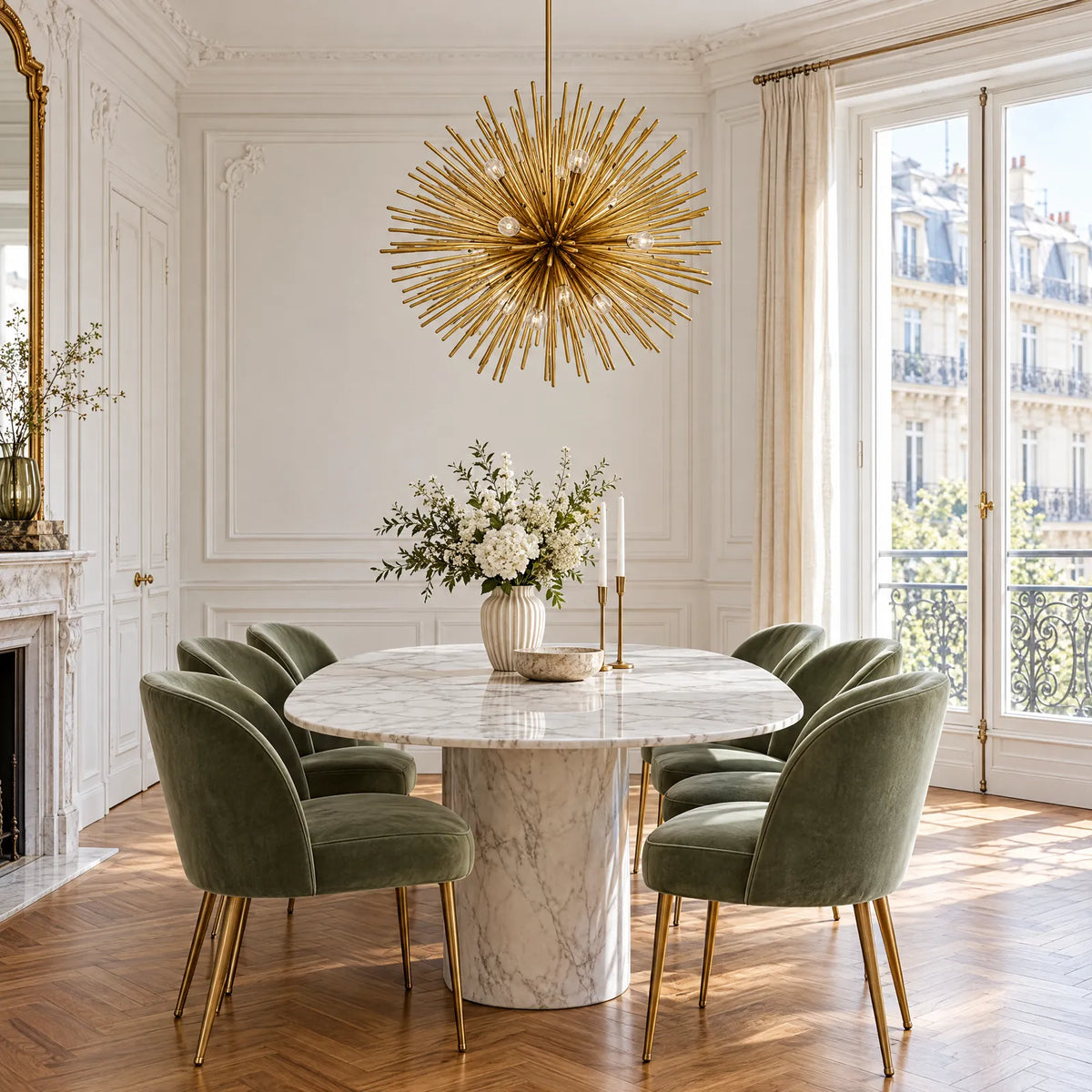 Lustre Astra doré au-dessus d'une table en marbre