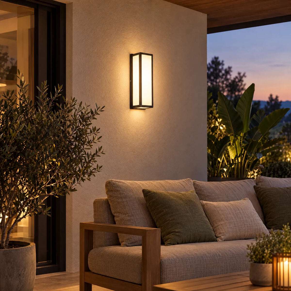 Applique extérieure Cali allumée sur une terrasse au crépuscule Image