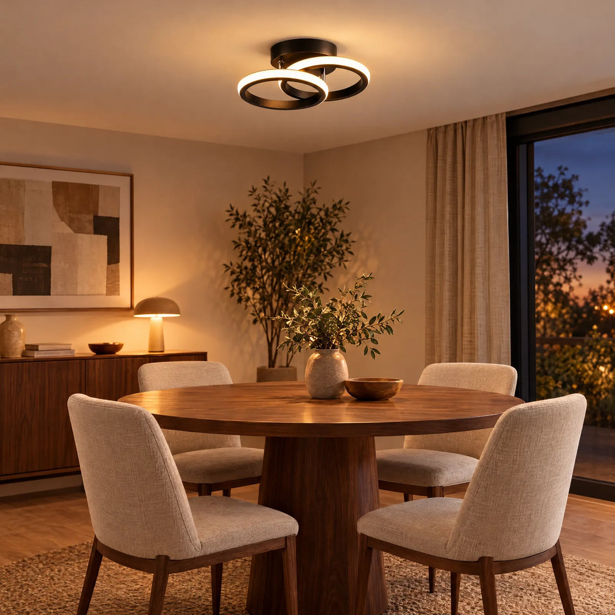 Plafonnier LED Zola noir allumé au-dessus d'une table ronde