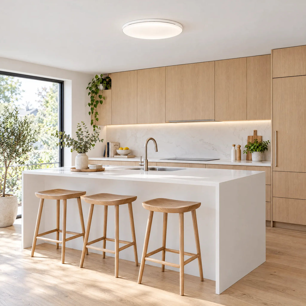 Plafonnier rond Ify blanc au-dessus d'un îlot de cuisine
