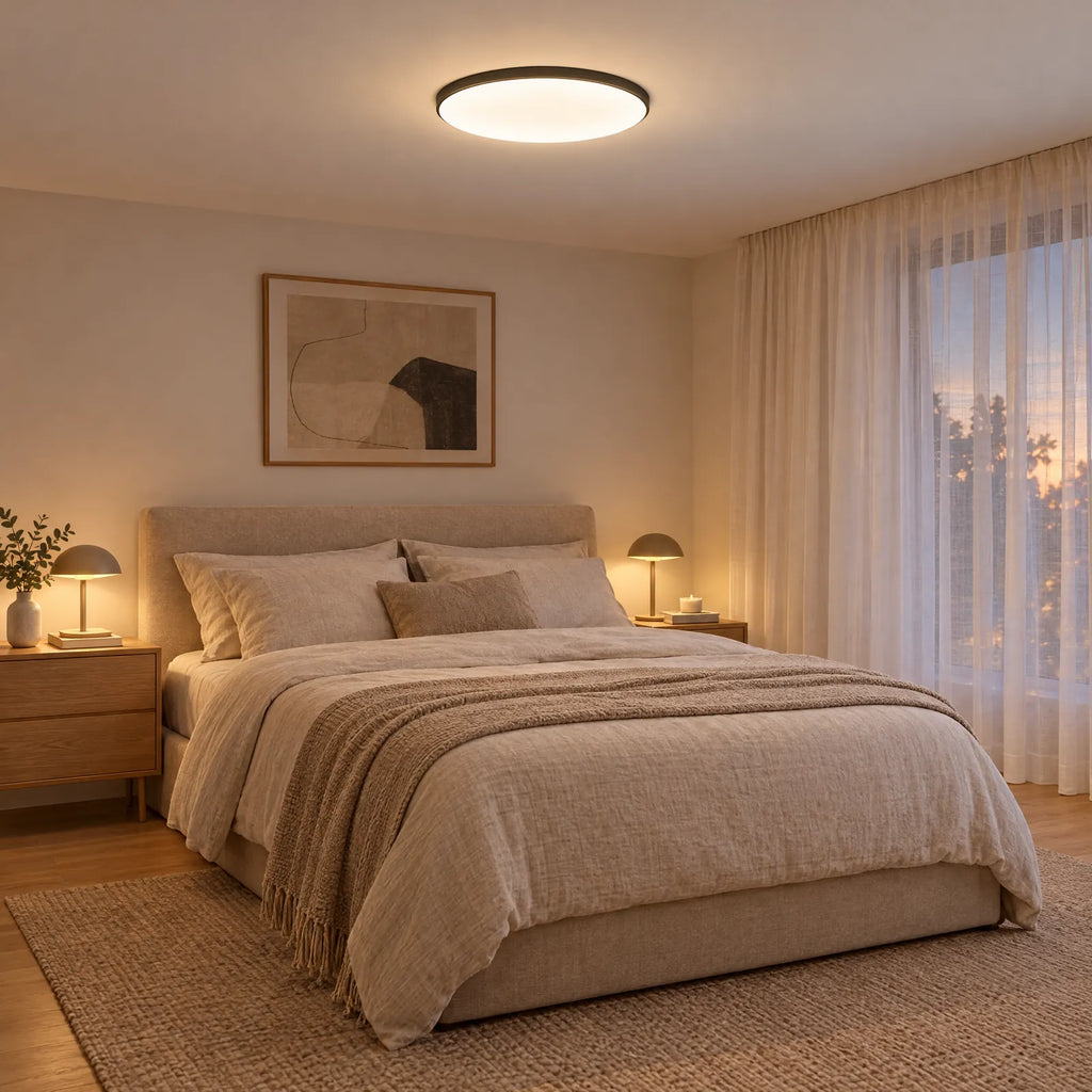 Plafonnier rond Ify noir allumé dans une chambre