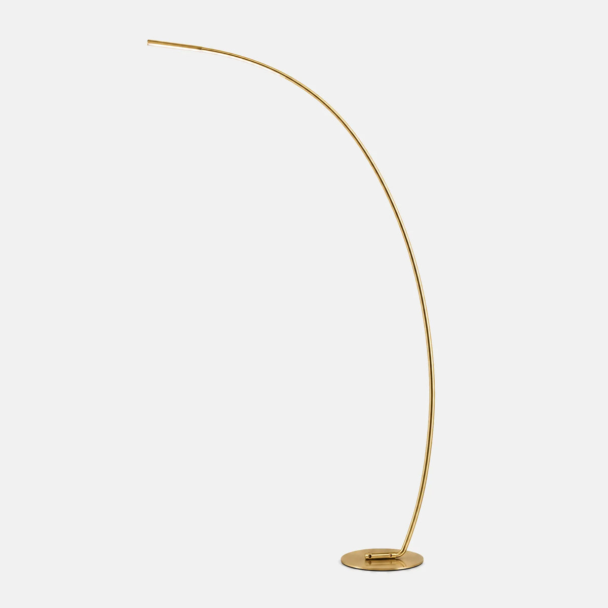 Lampadaire arc LED Kara doré, arc fin et socle rond, sur fond uni