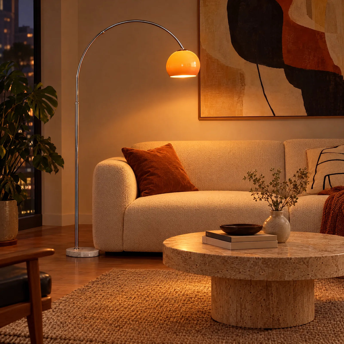 Lampadaire arc Yva orange allumé au-dessus d'un canapé crème