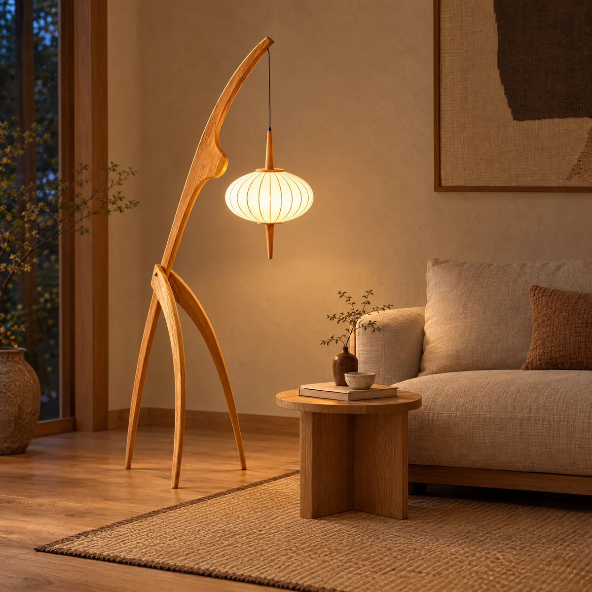 Lampadaire bois Alia allumé dans un salon japandi