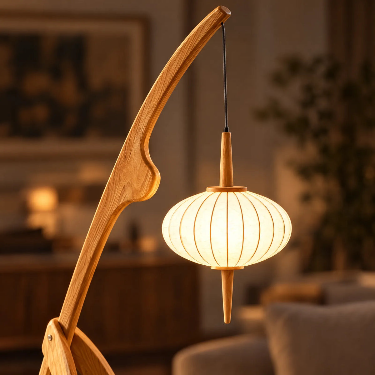 Détail de la lanterne en papier allumée et du bras en bois du lampadaire Alia