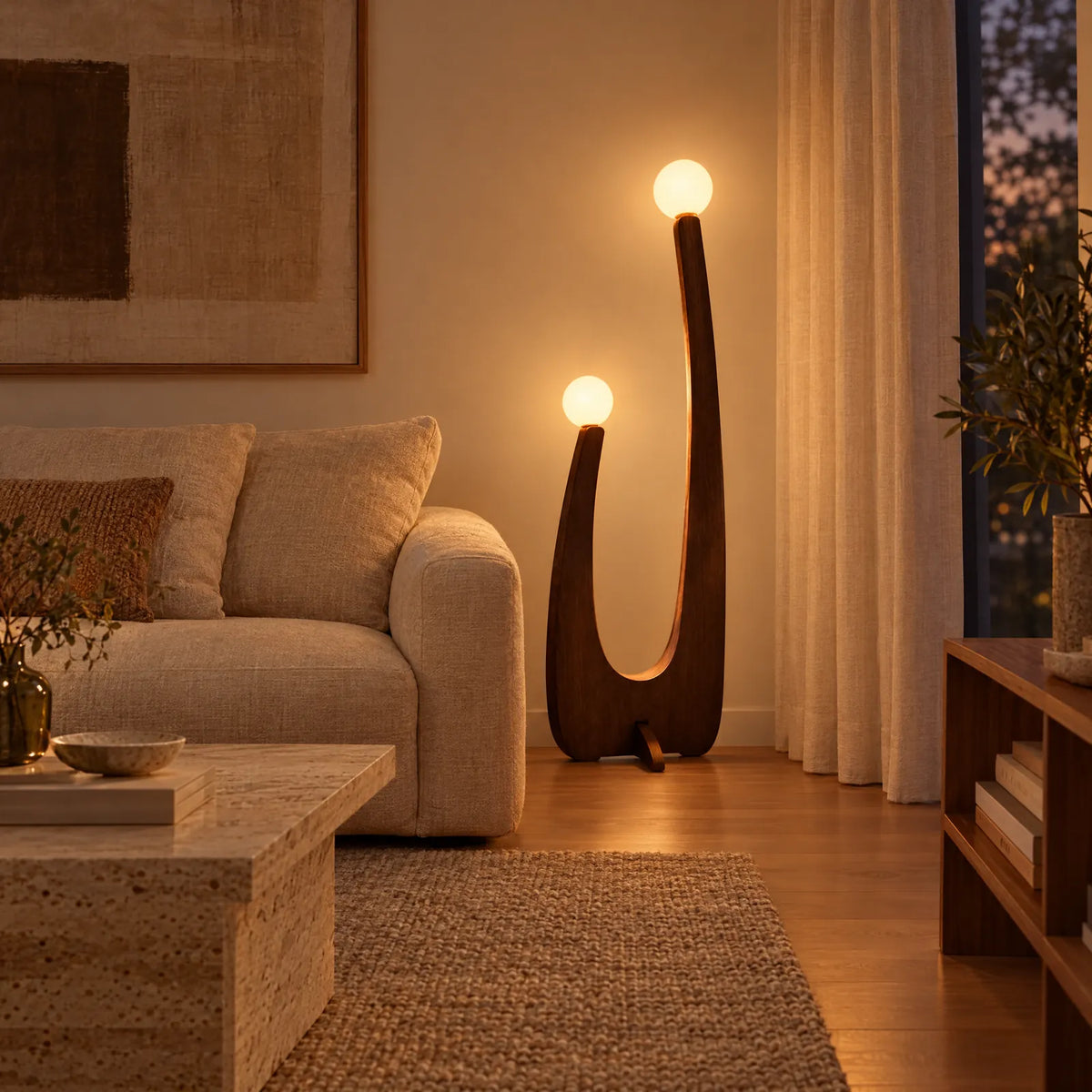 Lampadaire en bois Solad allumé à côté d'un canapé en lin