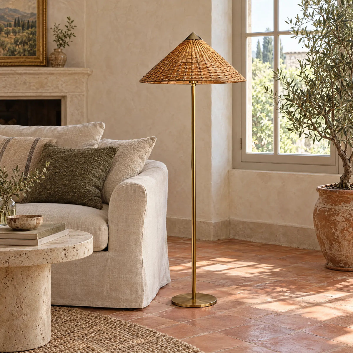 Lampadaire rotin Lumeo dans un salon de maison provençale