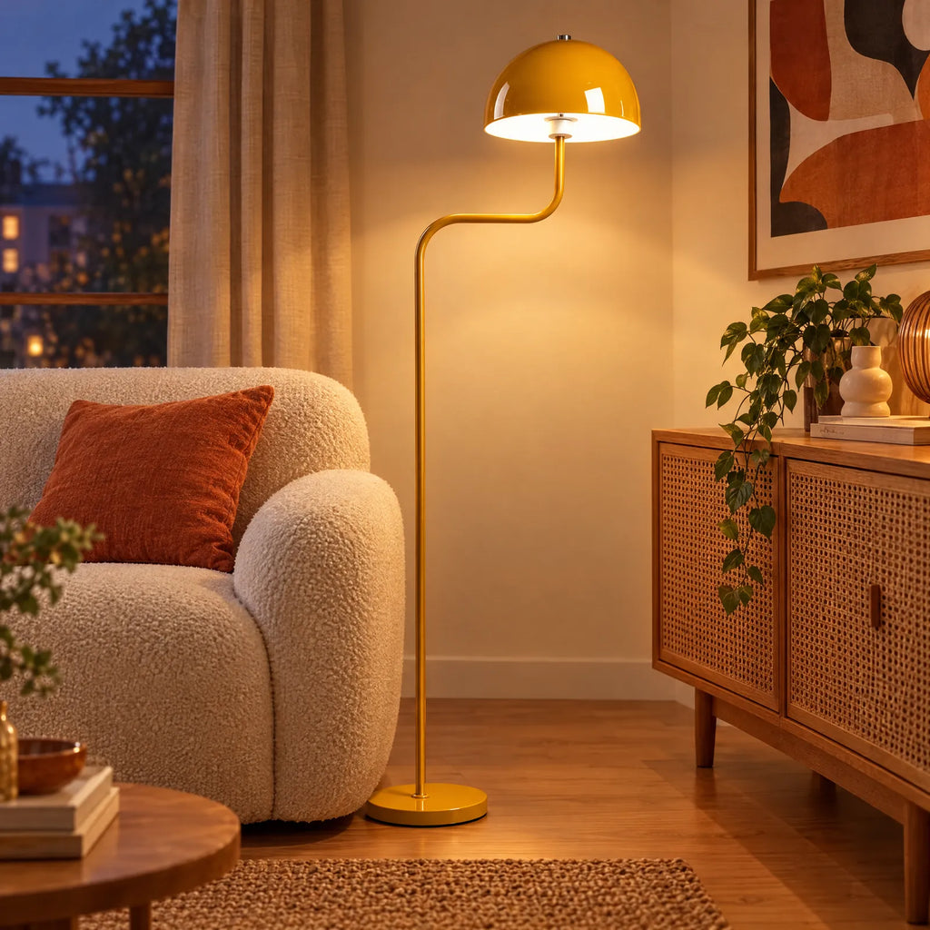 Lampadaire champignon Vinto jaune allumé dans un salon rétro