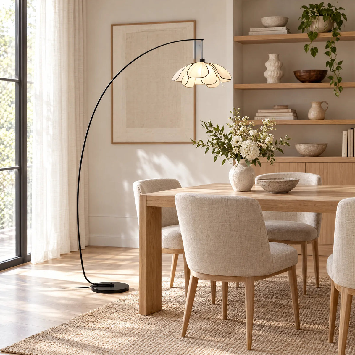Lampadaire arc fleur Lotus au-dessus d'une table à manger en chêne