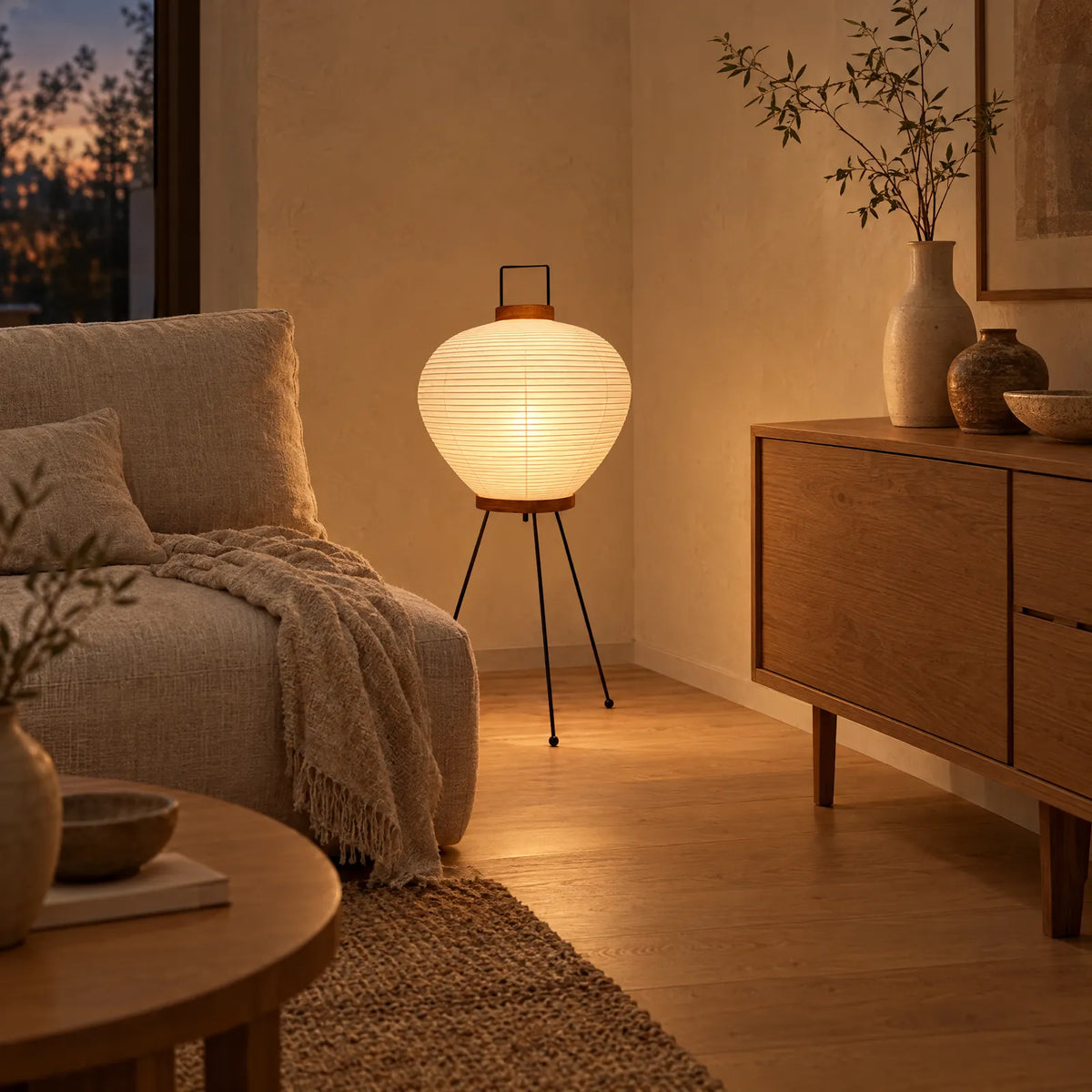 Lampadaire Siora allumé dans un salon japandi