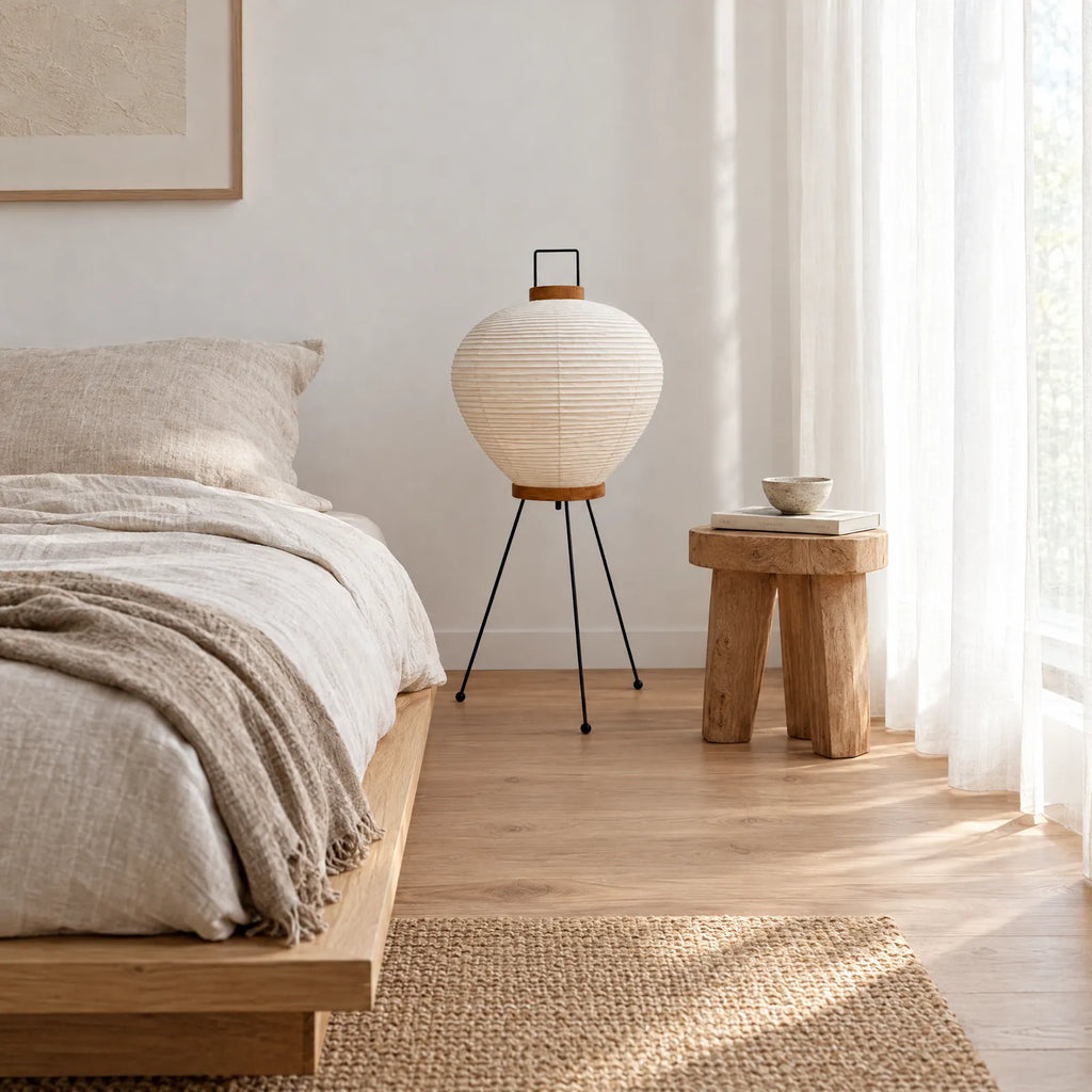 Lampadaire Siora à côté d'un lit bas en lin