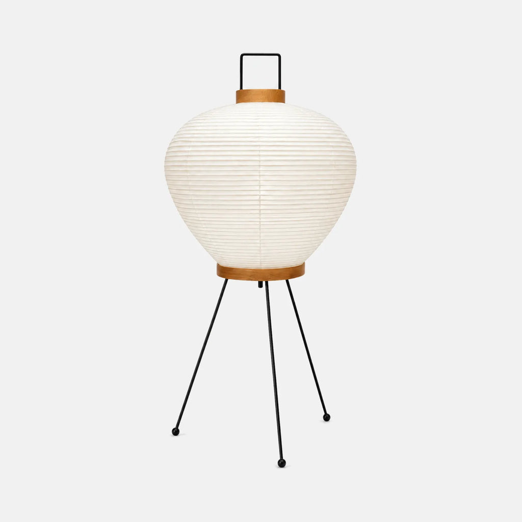Lampadaire japonais Siora, lanterne en papier de riz sur trépied noir, sur fond uni