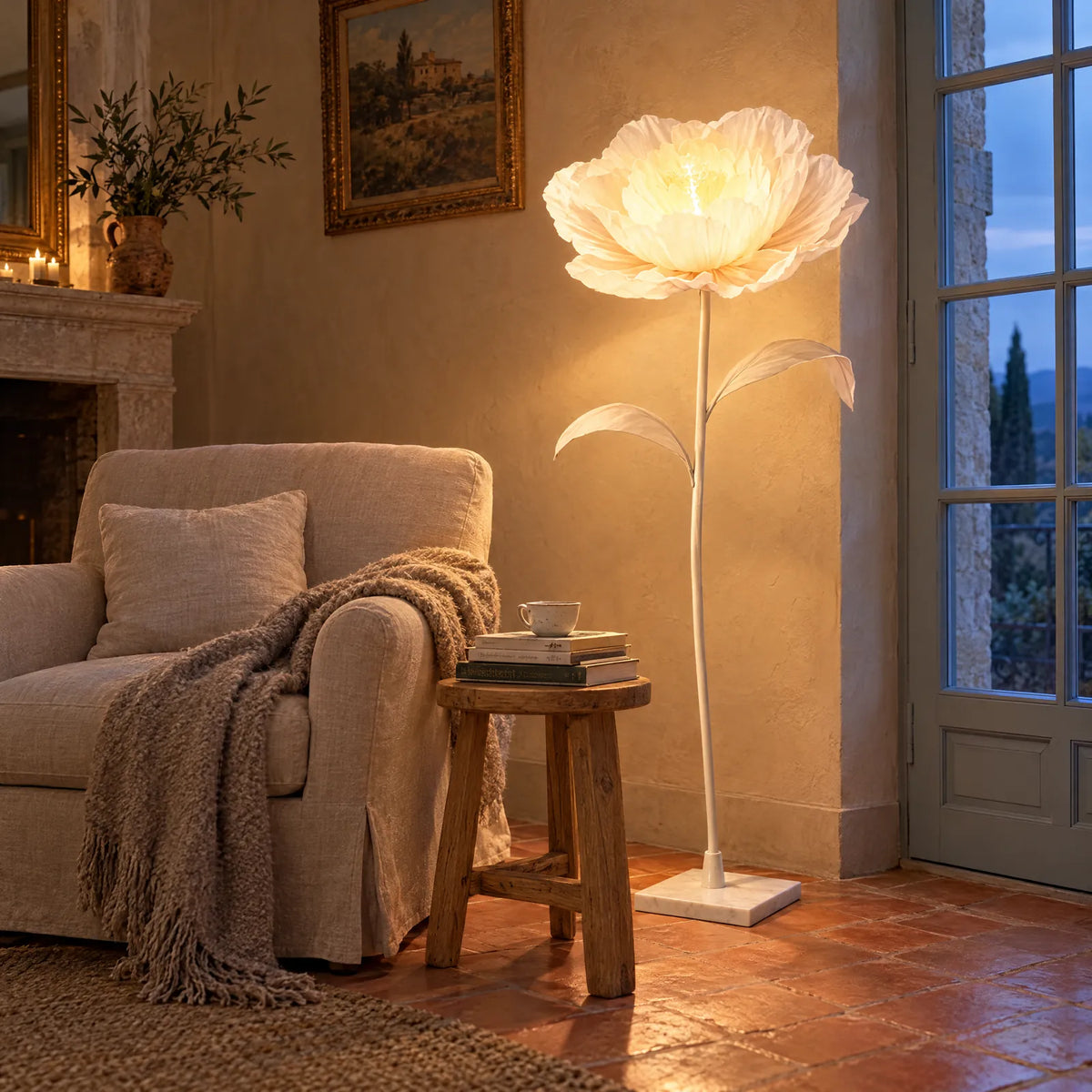 Lampadaire fleur Lotus allumé dans un coin lecture Image