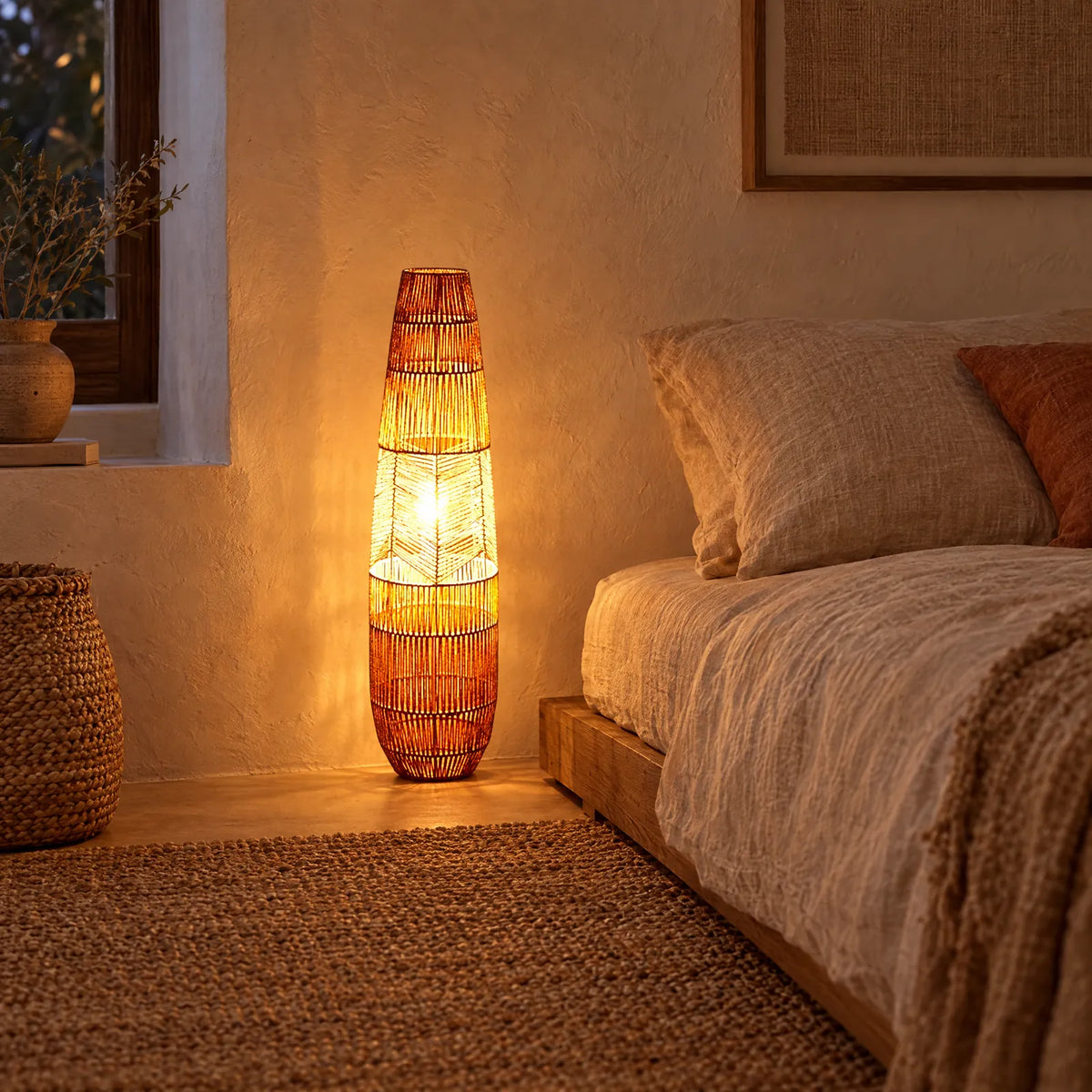 Lampadaire en rotin Huub allumé au pied d'un lit Image