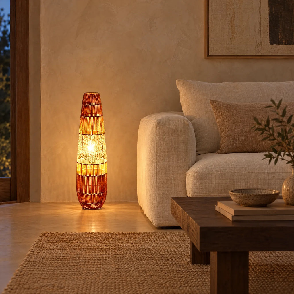 Lampadaire en rotin Huub allumé à côté d'un canapé en lin
