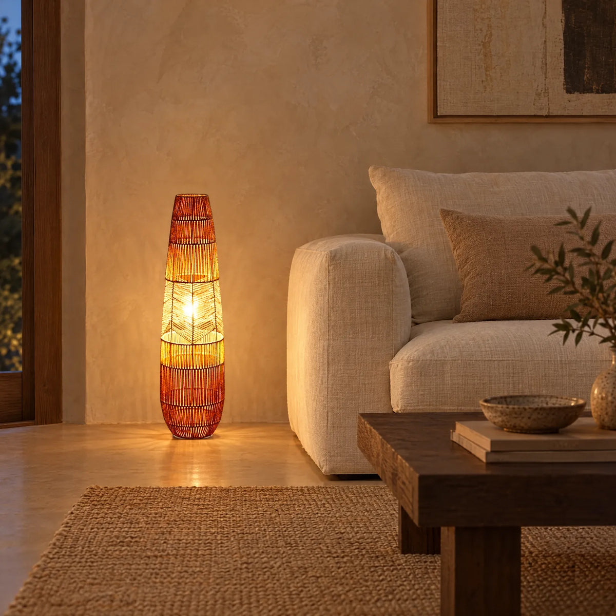 Lampadaire en rotin Huub allumé à côté d'un canapé en lin