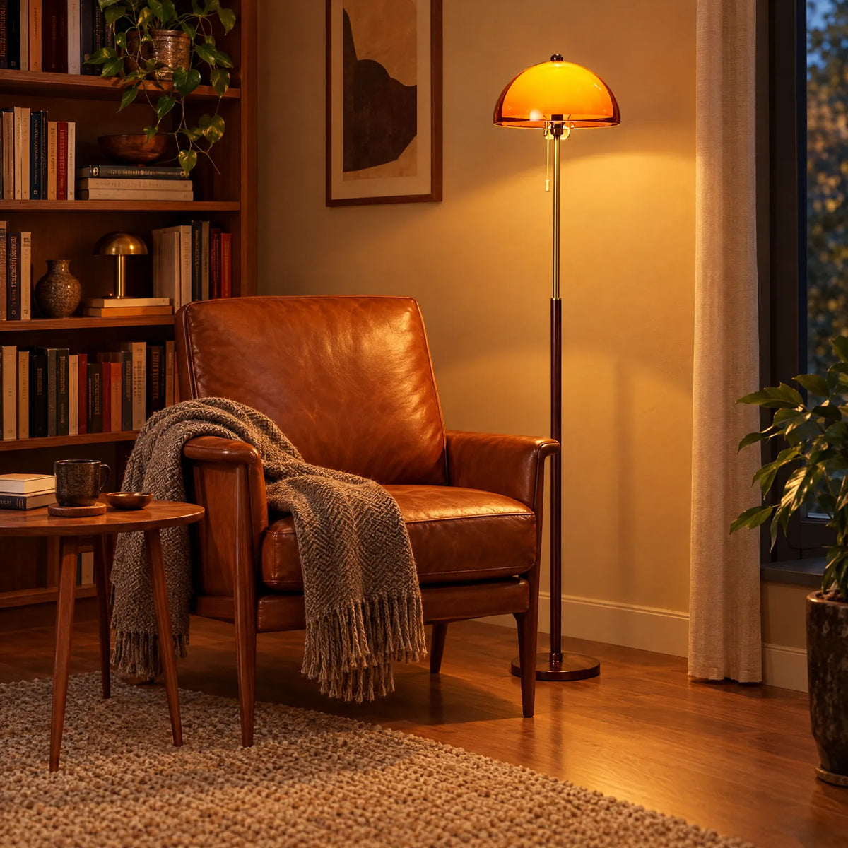 Lampadaire Zara allumé à côté d'un fauteuil en cuir