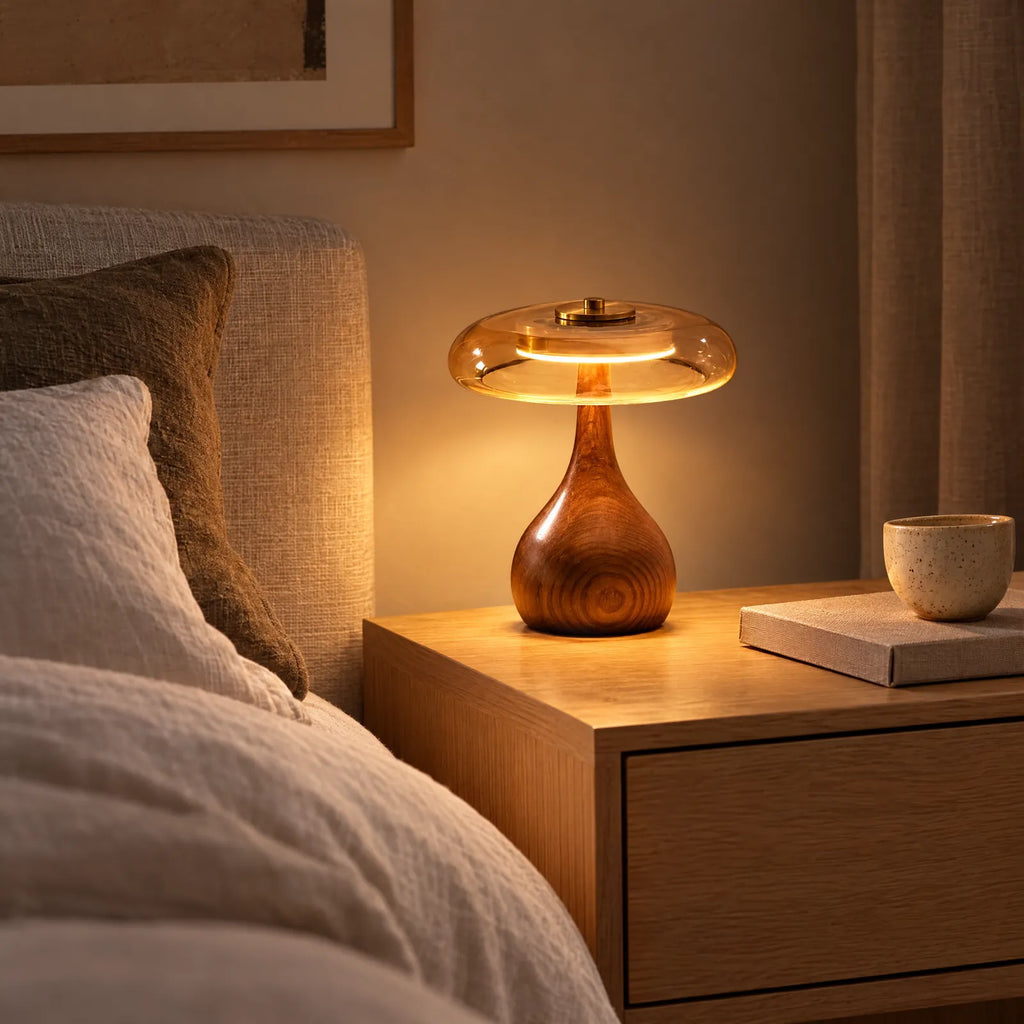 Lampe Lux taille L allumée sur une table de chevet