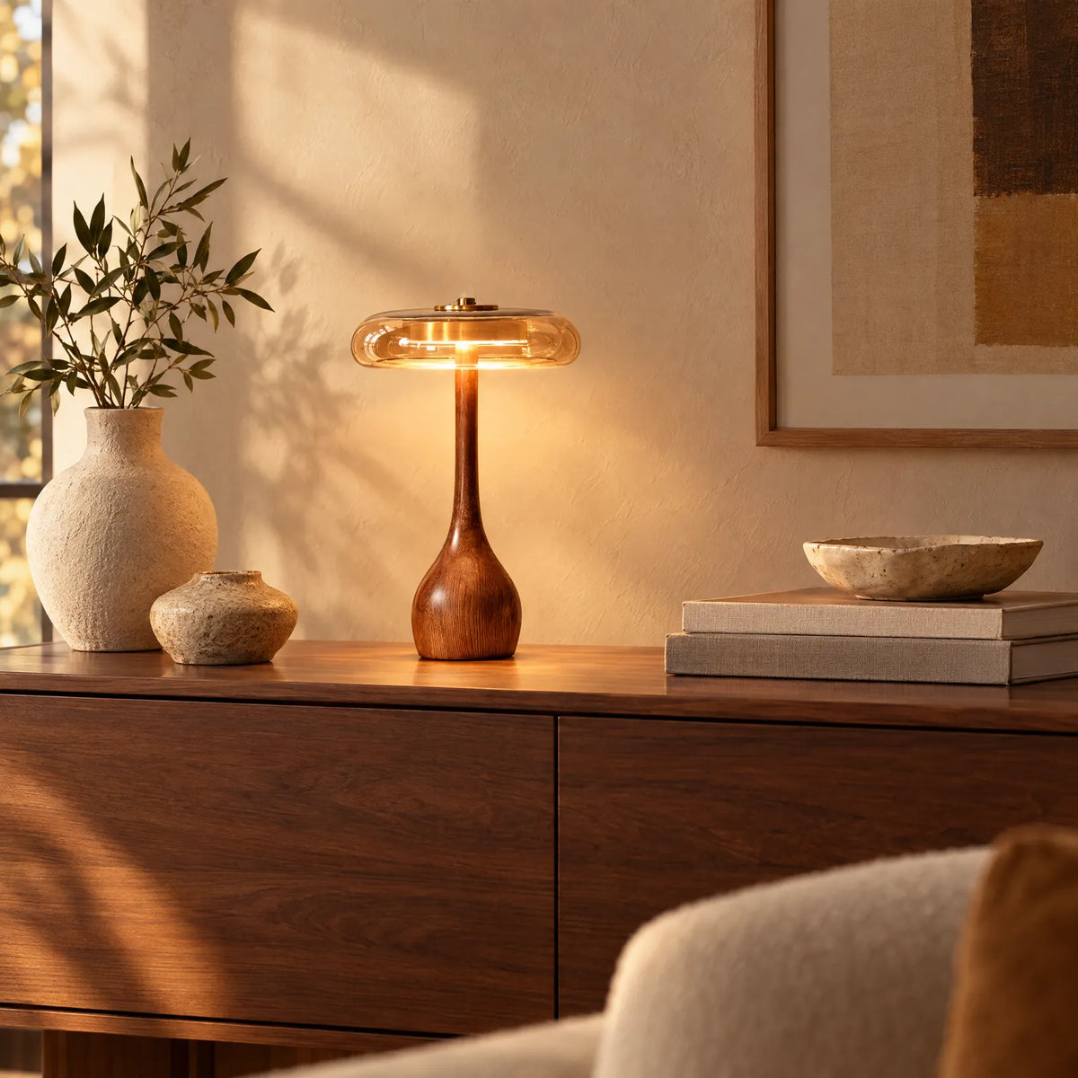 Lampe Lux taille XL allumée sur un buffet en noyer