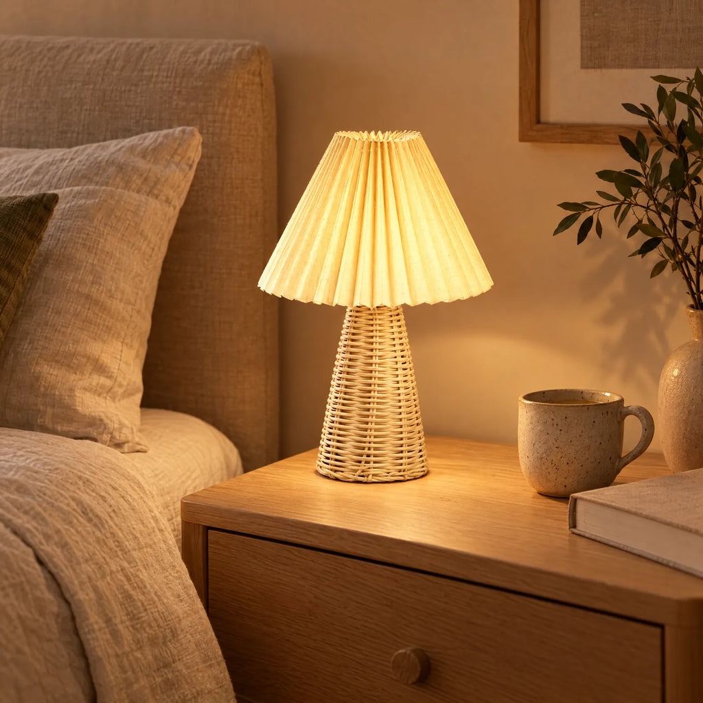 Lampe Folia allumée sur une table de chevet en bois