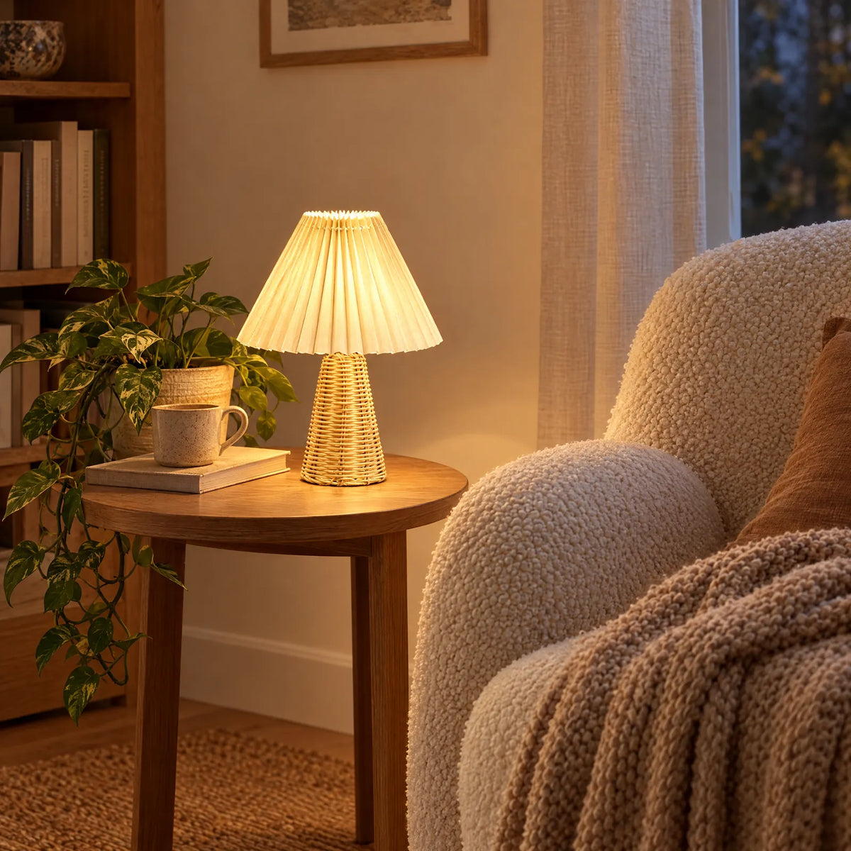 Lampe Folia allumée près d'un fauteuil bouclette Image
