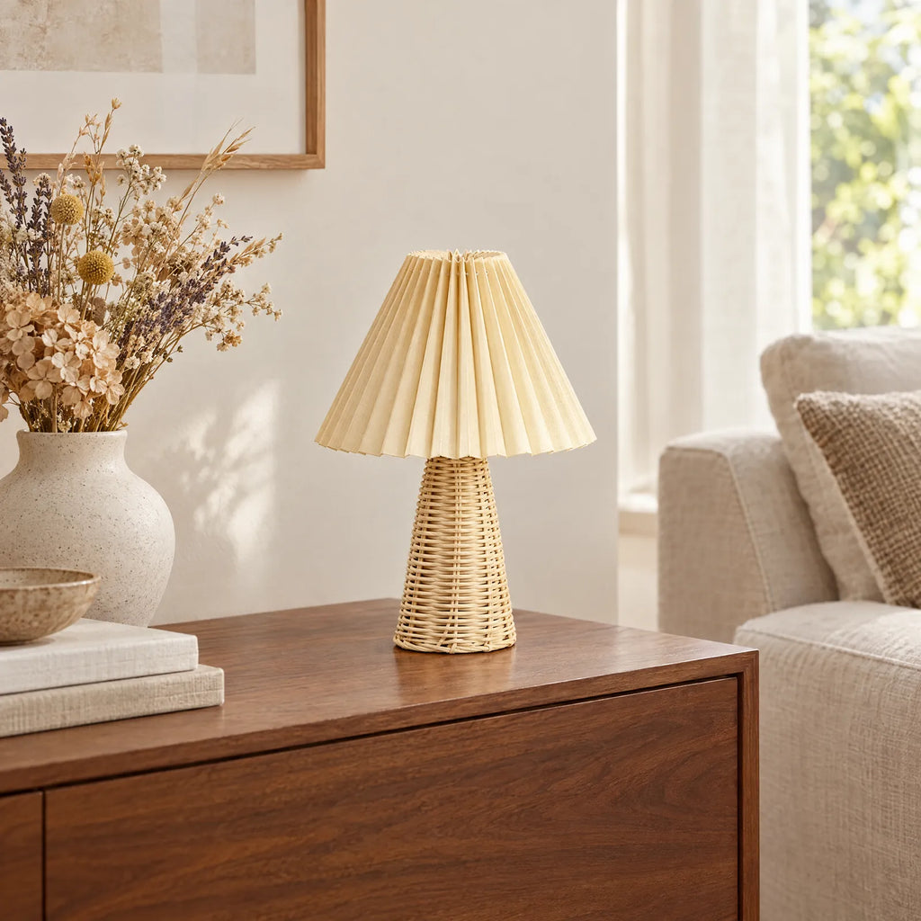 Lampe Folia sur un buffet en noyer avec des fleurs séchées