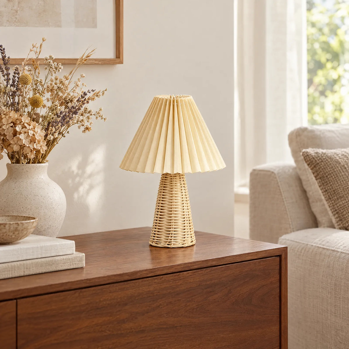 Lampe Folia sur un buffet en noyer avec des fleurs séchées