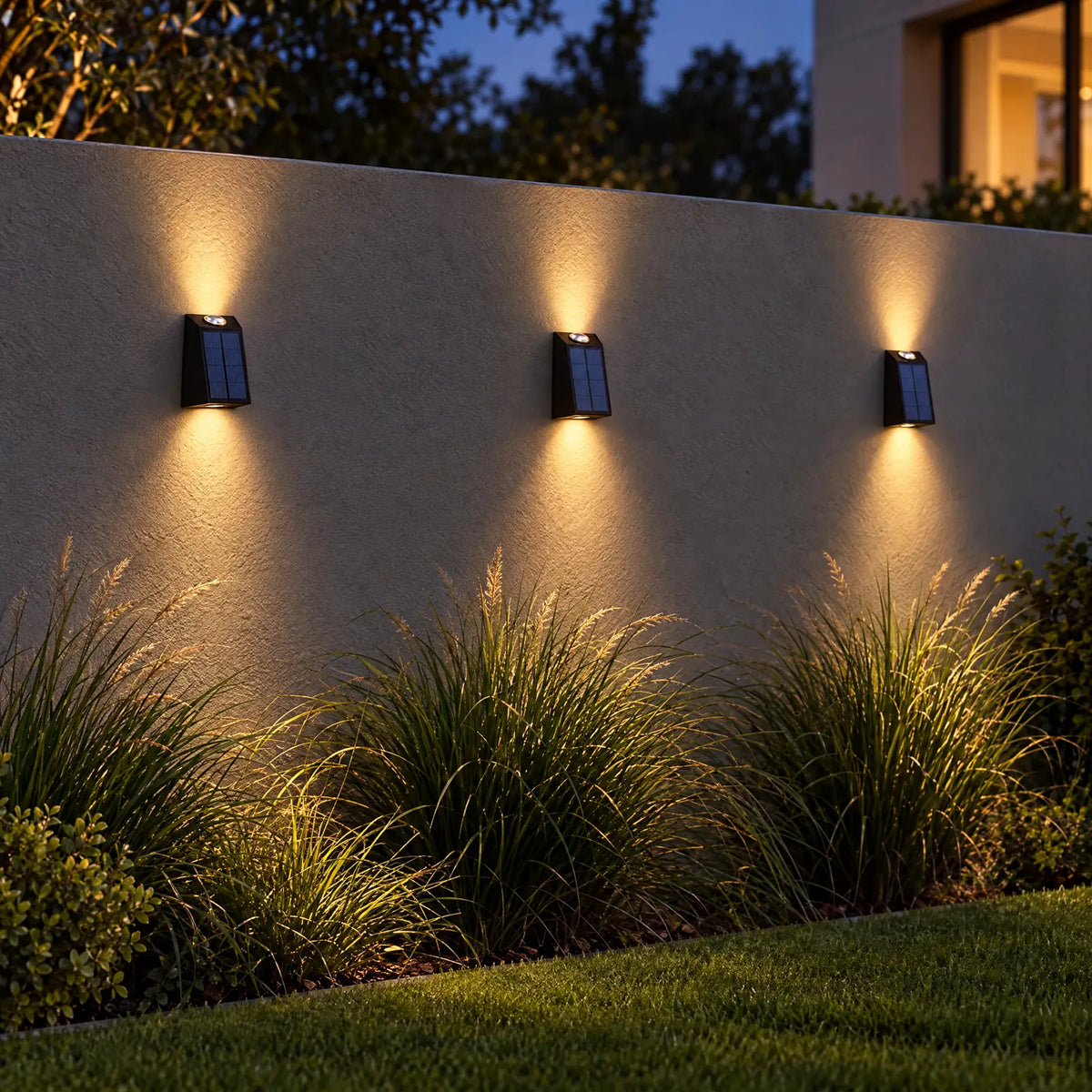 Appliques solaires Salou allumées sur un mur de jardin