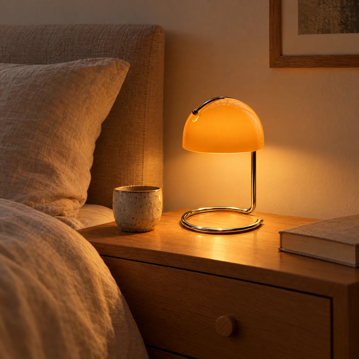 Lampe Vitro orange allumée sur une table de chevet en chêne