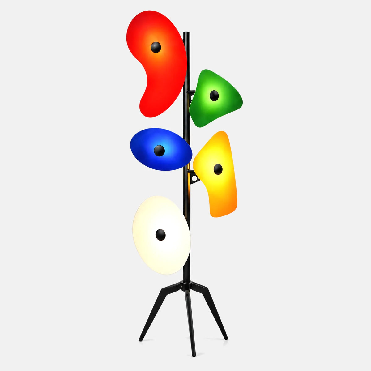 Lampadaire art déco Lotus multicolore, disques en acrylique sur trépied noir, sur fond uni