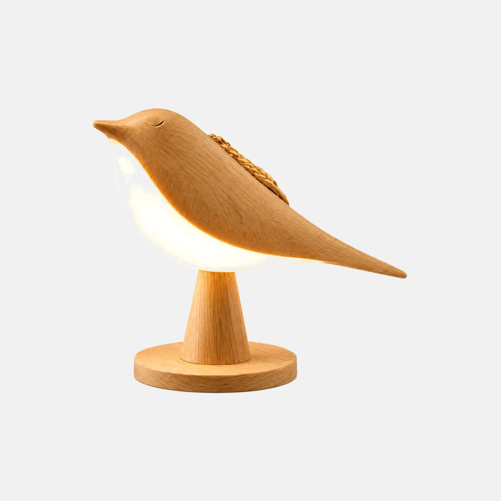 Lampe oiseau tactile Claris effet bois clair, sur fond uni