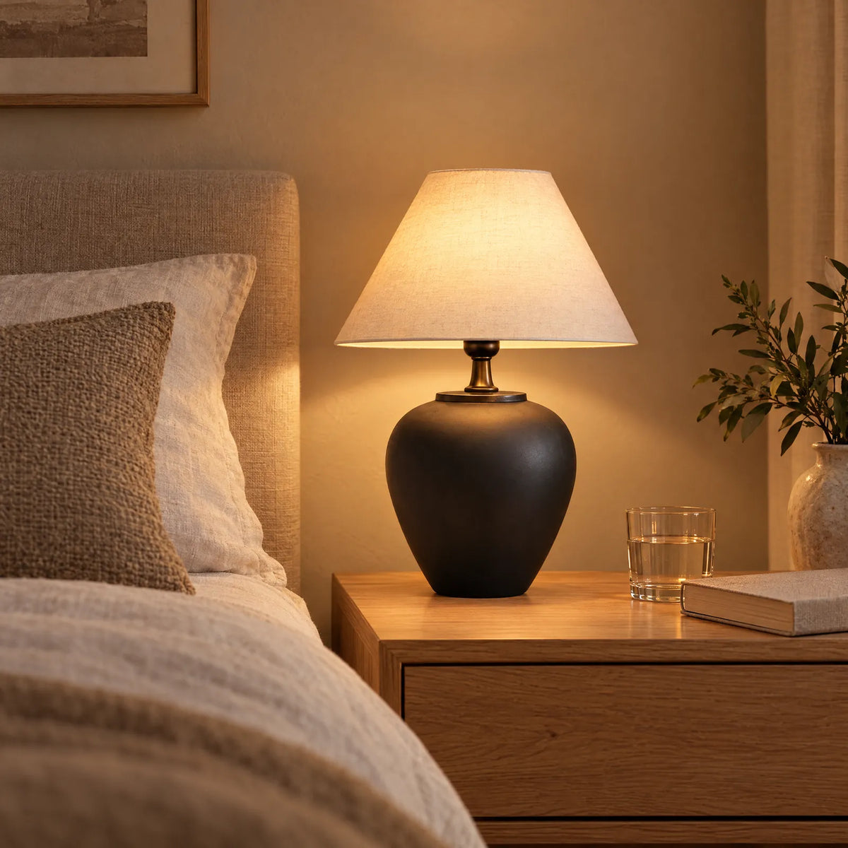 Lampe céramique Miro allumée sur une table de chevet