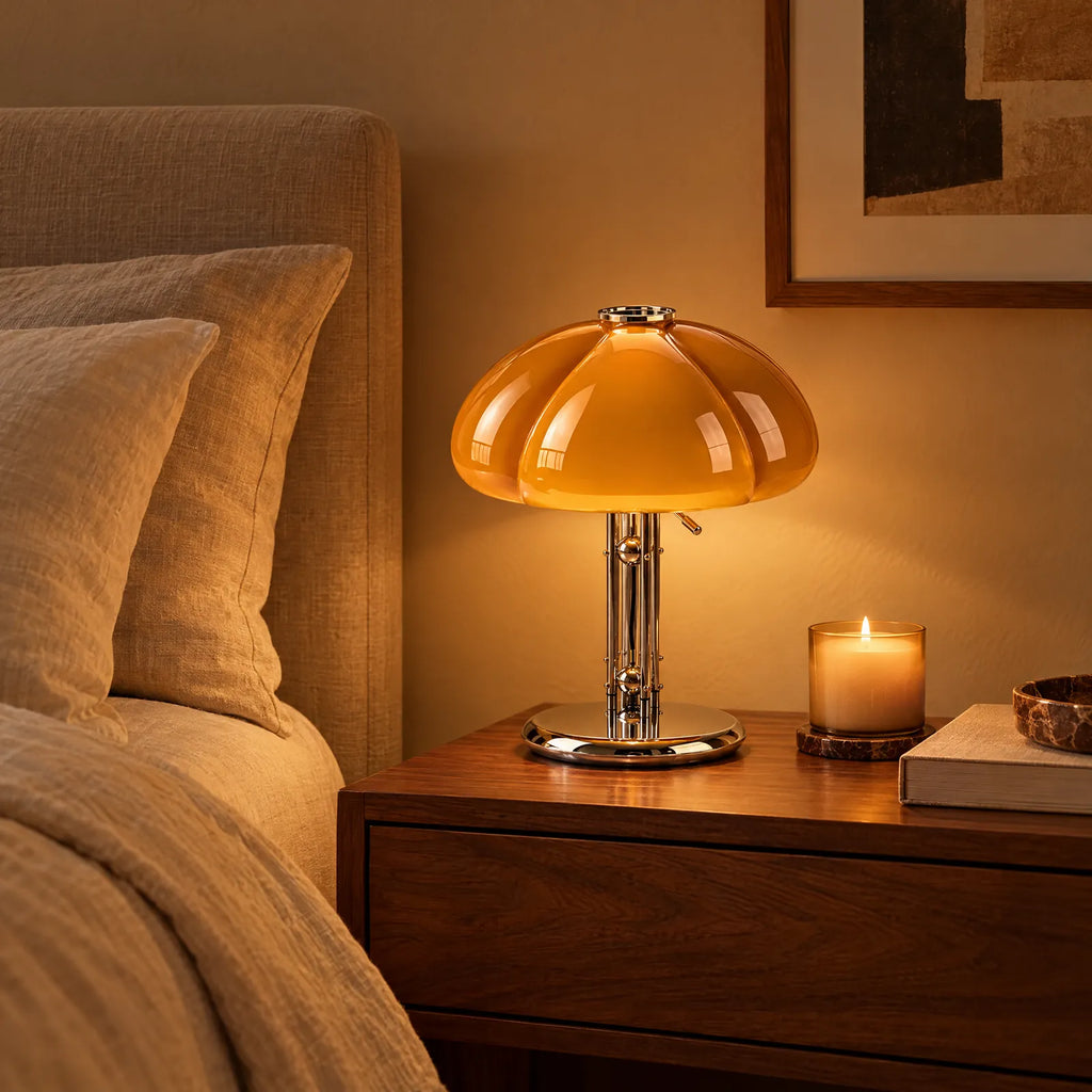 Lampe Cara allumée sur une table de chevet