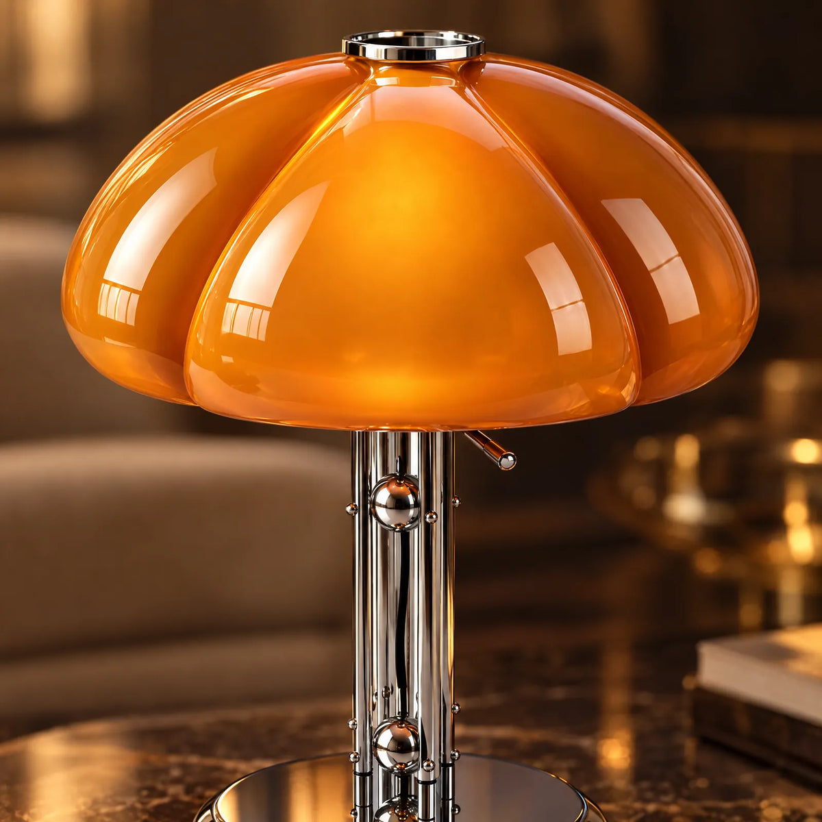 Détail du globe en verre orange allumé de la lampe Cara